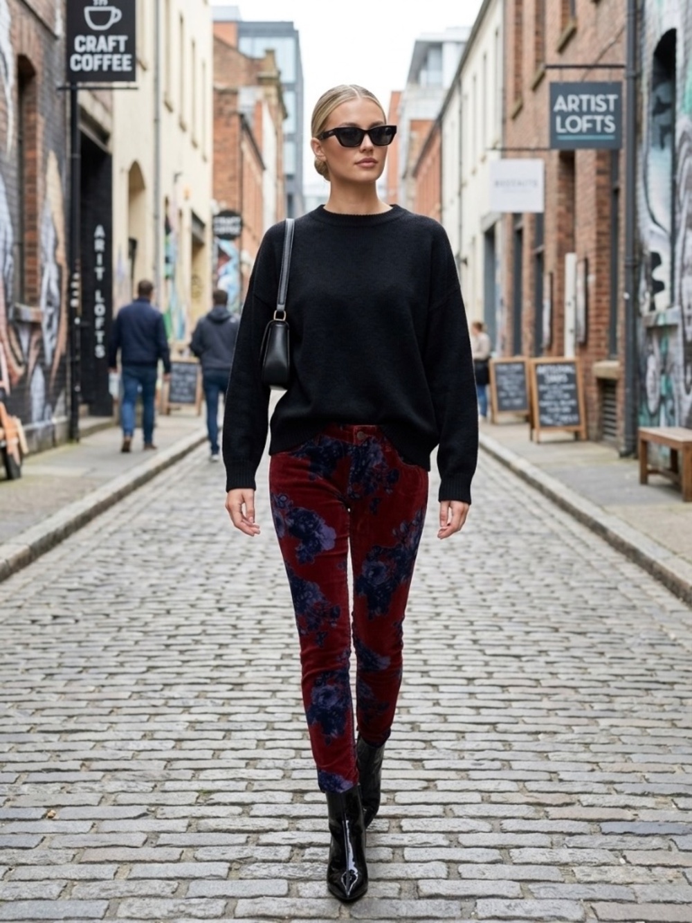 Free People Burgundy & Navy Floral Velvet Skinny Pants Boho Whimsigoth Jeans 28